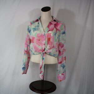 Zara women's water color tie dye sheer blouse cropped tie front size small NEW